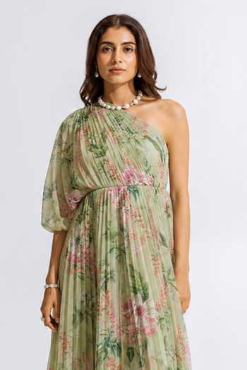 Aroop Shop India Green Chiffon One Shoulder Olivia Maxi Dress Online at Aza Fashions Aroop Shop India_Green Chiffon One Shoulder Olivia Maxi Dress _Online_at_Aza_Fashions