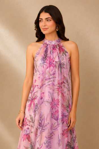 Aroop Shop India_Pink Chiffon Halter Neck Jenelia Maxi Dress _Online_at_Aza_Fashions