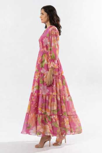 Aroop Shop India Pink Chiffon V-neck Fleurir Maxi Dress Online at Aza Fashions Aroop Shop India_Pink Chiffon V-neck Fleurir Maxi Dress _Online_at_Aza_Fashions