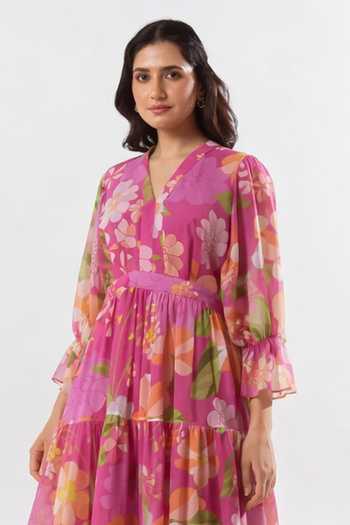 Buy Aroop Shop India Pink Chiffon V-neck Fleurir Maxi Dress Online at Aza Fashions Buy_Aroop Shop India_Pink Chiffon V-neck Fleurir Maxi Dress _Online_at_Aza_Fashions