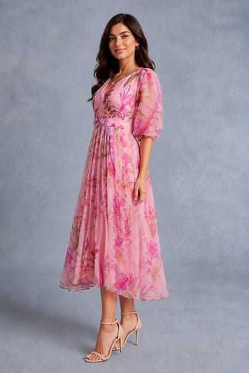 Buy_Aroop Shop India_Pink Chiffon V-neck Nolia Midi Dress _Online_at_Aza_Fashions