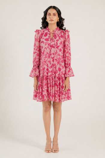 Aroop Shop India Pink Chiffon Keyhole Neck Petunia Short Dress Online at Aza Fashions Aroop Shop India_Pink Chiffon Keyhole Neck Petunia Short Dress _Online_at_Aza_Fashions