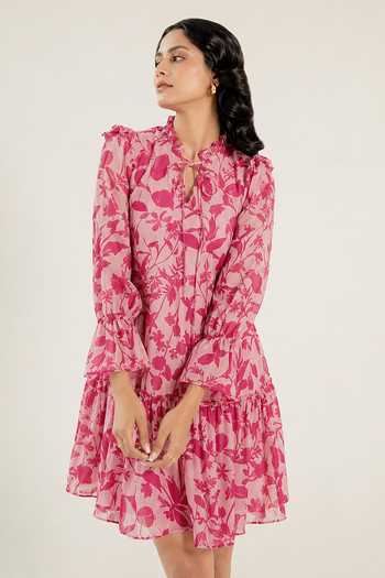 Buy Aroop Shop India Pink Chiffon Keyhole Neck Petunia Short Dress Online at Aza Fashions Buy_Aroop Shop India_Pink Chiffon Keyhole Neck Petunia Short Dress _Online_at_Aza_Fashions