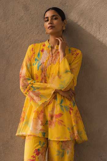 Aroop Shop India Yellow Chiffon Mandarin Collar Sunbeam Bloom Printed Pant Set Online at Aza Fashions Aroop Shop India_Yellow Chiffon Mandarin Collar Sunbeam Bloom Printed Pant Set _Online_at_Aza_Fashions