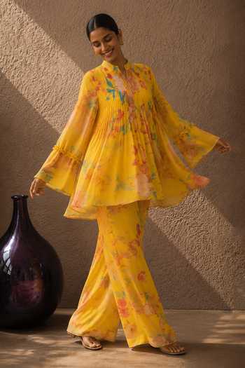 Buy Aroop Shop India Yellow Chiffon Mandarin Collar Sunbeam Bloom Printed Pant Set Online at Aza Fashions Buy_Aroop Shop India_Yellow Chiffon Mandarin Collar Sunbeam Bloom Printed Pant Set _Online_at_Aza_Fashions