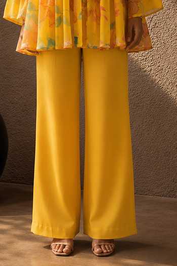 Aroop Shop India Yellow Chiffon Mandarin Collar Wildflower Printed Top And Pant Set Online at Aza Fashions Aroop Shop India_Yellow Chiffon Mandarin Collar Wildflower Printed Top And Pant Set _Online_at_Aza_Fashions
