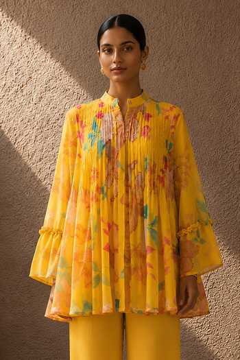 Buy Aroop Shop India Yellow Chiffon Mandarin Collar Wildflower Printed Top And Pant Set Online at Aza Fashions Buy_Aroop Shop India_Yellow Chiffon Mandarin Collar Wildflower Printed Top And Pant Set _Online_at_Aza_Fashions