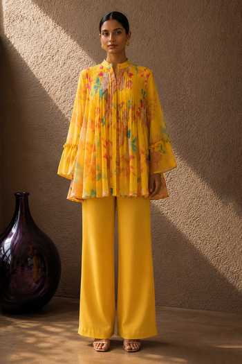 Shop Aroop Shop India Yellow Chiffon Mandarin Collar Wildflower Printed Top And Pant Set Online at Aza Fashions Shop_Aroop Shop India_Yellow Chiffon Mandarin Collar Wildflower Printed Top And Pant Set _Online_at_Aza_Fashions