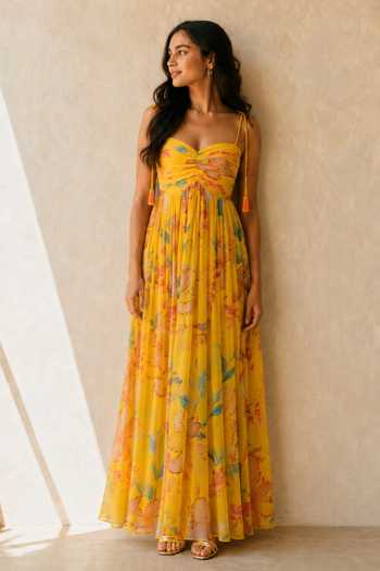 Aroop Shop India_Yellow Chiffon Sweetheart Neck Almanda Maxi Dress _Online_at_Aza_Fashions