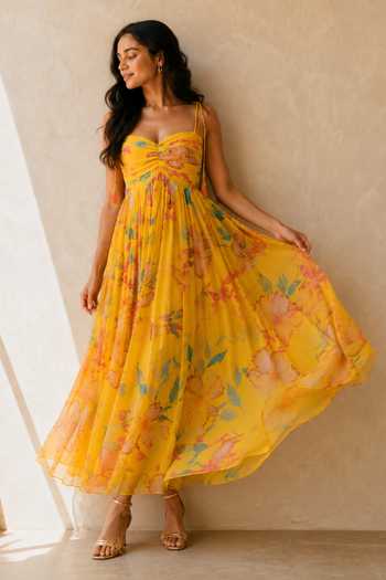 Buy_Aroop Shop India_Yellow Chiffon Sweetheart Neck Almanda Maxi Dress _Online_at_Aza_Fashions
