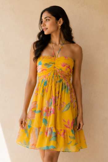 Aroop Shop India Yellow Chiffon Bandeau , Halter Marielle Short Dress Online at Aza Fashions Aroop Shop India_Yellow Chiffon Bandeau , Halter Marielle Short Dress _Online_at_Aza_Fashions