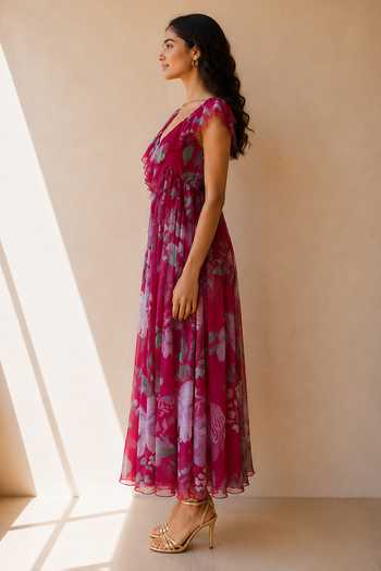 Aroop Shop India_Pink Chiffon V-neck Camellia Maxi Dress _Online_at_Aza_Fashions