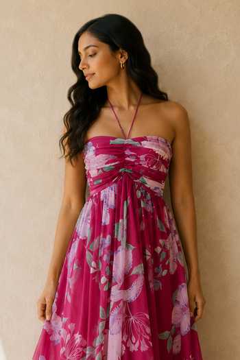 Aroop Shop India Pink Chiffon Bandeau , Halter Rosee Midi Recycled Dress Online at Aza Fashions Aroop Shop India_Pink Chiffon Bandeau , Halter Rosee Midi Recycled Dress _Online_at_Aza_Fashions