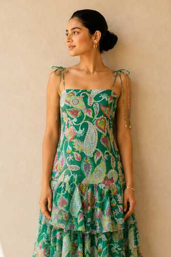 Aroop Shop India_Green Chiffon Bandeau Neck Karaa Tiered Dress _Online_at_Aza_Fashions