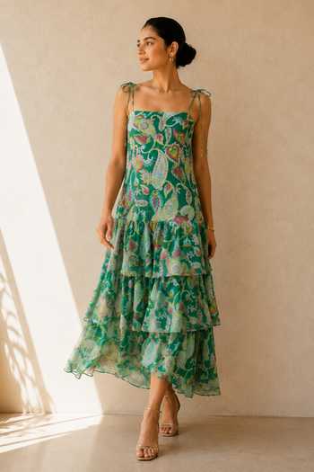 Buy_Aroop Shop India_Green Chiffon Bandeau Neck Karaa Tiered Dress _Online_at_Aza_Fashions