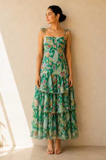 Shop_Aroop Shop India_Green Chiffon Bandeau Neck Karaa Tiered Dress _Online_at_Aza_Fashions