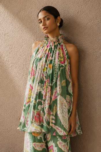 Buy_Aroop Shop India_Green Crepe Halter Neck Mysha Printed Pant Set _Online_at_Aza_Fashions