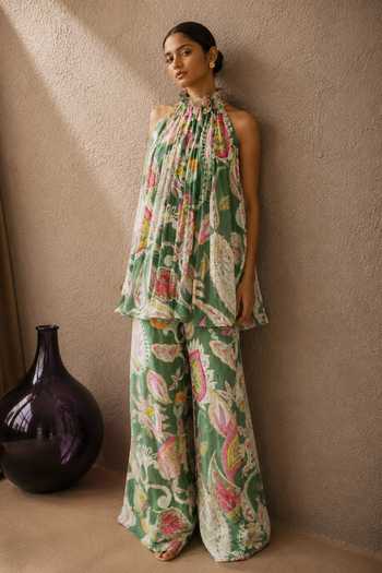 Aroop Shop India_Green Crepe Halter Neck Mysha Printed Pant Set _at_Aza_Fashions