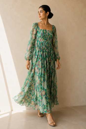 Aroop Shop India_Green Chiffon Square Neck Gaiaa Printed Dress _Online_at_Aza_Fashions