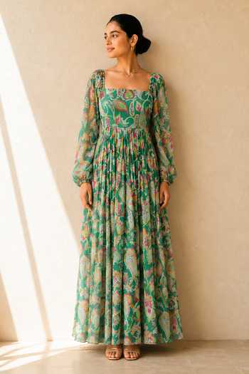 Buy_Aroop Shop India_Green Chiffon Square Neck Gaiaa Printed Dress _Online_at_Aza_Fashions