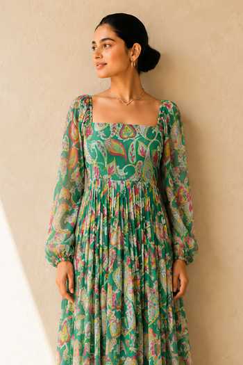 Shop_Aroop Shop India_Green Chiffon Square Neck Gaiaa Printed Dress _Online_at_Aza_Fashions