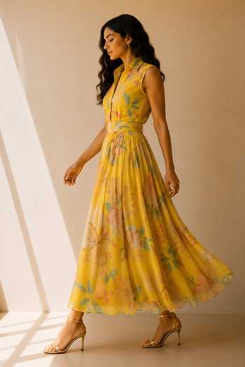 Aroop Shop India_Yellow Chiffon Collared Neck Buttercup Maxi Dress _Online_at_Aza_Fashions