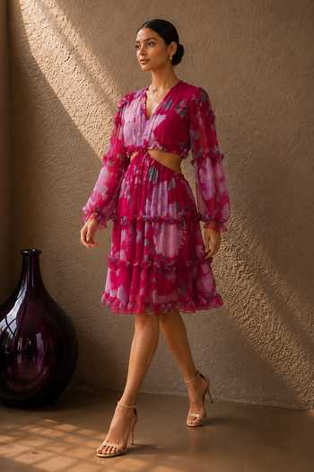 Aroop Shop India Pink Chiffon V-neck Bloom Short Dress Online at Aza Fashions Aroop Shop India_Pink Chiffon V-neck Bloom Short Dress _Online_at_Aza_Fashions