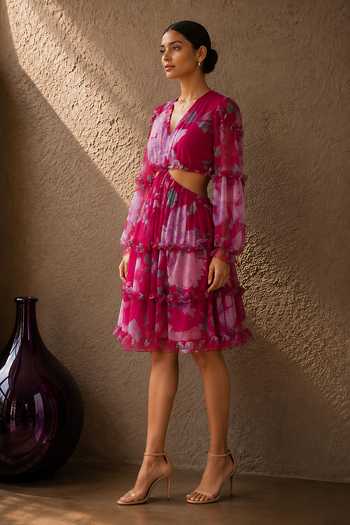 Buy Aroop Shop India Pink Chiffon V-neck Bloom Short Dress Online at Aza Fashions Buy_Aroop Shop India_Pink Chiffon V-neck Bloom Short Dress _Online_at_Aza_Fashions