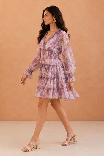 Aroop Shop India Purple Chiffon V-neck Liliana Short Dress Online at Aza Fashions Aroop Shop India_Purple Chiffon V-neck Liliana Short Dress _Online_at_Aza_Fashions