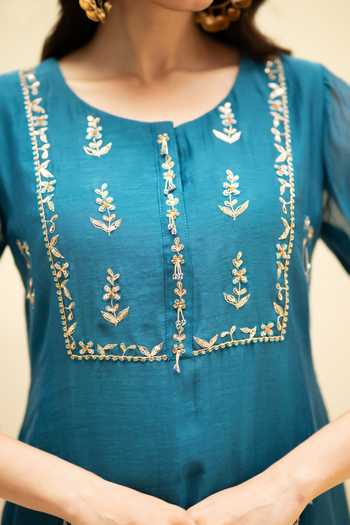 Shop AM by Anita Mittal Blue Cotton Round Neck Chandini Mul Chanderi Embroidered Kurta Set Shop_AM by Anita Mittal_Blue Cotton Round Neck Chandini Mul Chanderi Embroidered Kurta Set