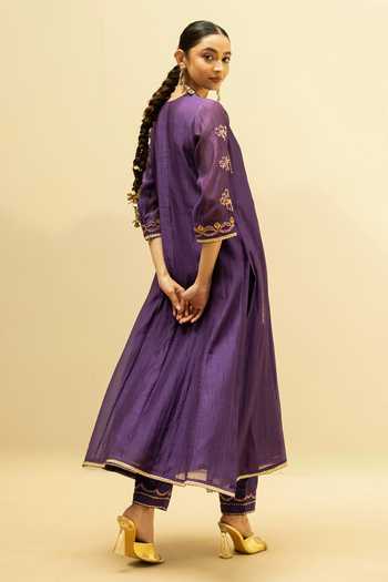 AM by Anita Mittal Purple Cotton V-neck Jhoomar A Line Kurta Pant Set Online at Aza Fashions AM by Anita Mittal_Purple Cotton V-neck Jhoomar A Line Kurta Pant Set _Online_at_Aza_Fashions