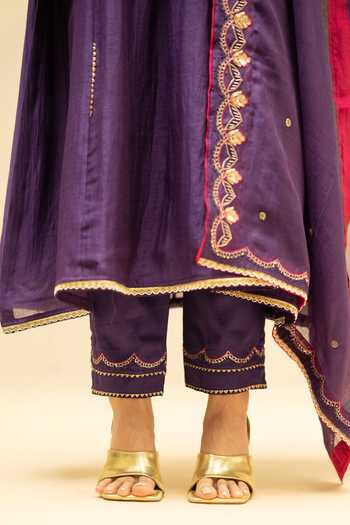 AM by Anita Mittal Purple Cotton V-neck Jhoomar A Line Kurta Pant Set at Aza Fashions AM by Anita Mittal_Purple Cotton V-neck Jhoomar A Line Kurta Pant Set _at_Aza_Fashions