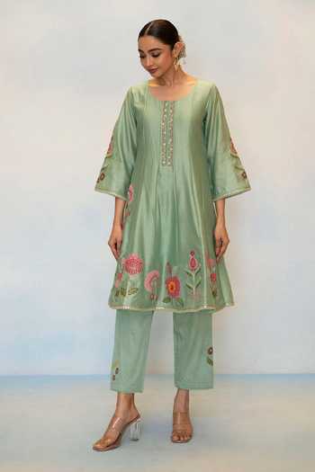 AM by Anita Mittal Blue Silk, Chanderi Scoop Neck Gul Anarkali Set Online at Aza Fashions AM by Anita Mittal_Blue Silk, Chanderi Scoop Neck Gul Anarkali Set _Online_at_Aza_Fashions