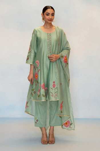 Buy AM by Anita Mittal Blue Silk, Chanderi Scoop Neck Gul Anarkali Set Online at Aza Fashions Buy_AM by Anita Mittal_Blue Silk, Chanderi Scoop Neck Gul Anarkali Set _Online_at_Aza_Fashions