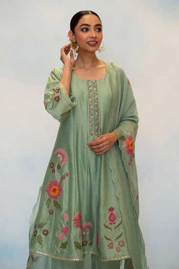 Shop AM by Anita Mittal Blue Silk, Chanderi Scoop Neck Gul Anarkali Set Online at Aza Fashions Shop_AM by Anita Mittal_Blue Silk, Chanderi Scoop Neck Gul Anarkali Set _Online_at_Aza_Fashions