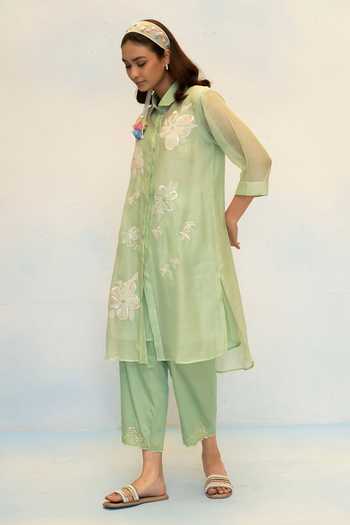 Buy AM by Anita Mittal Green Chanderi Collared Neck, Yes Zara Embroidered Kurta And Pant Set Online at Aza Fashions Buy_AM by Anita Mittal_Green Chanderi Collared Neck, Yes Zara Embroidered Kurta And Pant Set _Online_at_Aza_Fashions