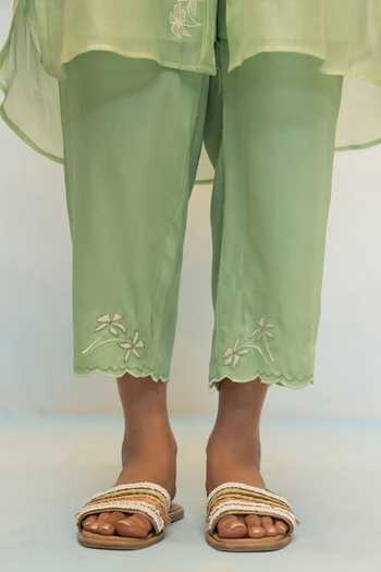 Shop AM by Anita Mittal Green Chanderi Collared Neck, Yes Zara Embroidered Kurta And Pant Set Online at Aza Fashions Shop_AM by Anita Mittal_Green Chanderi Collared Neck, Yes Zara Embroidered Kurta And Pant Set _Online_at_Aza_Fashions
