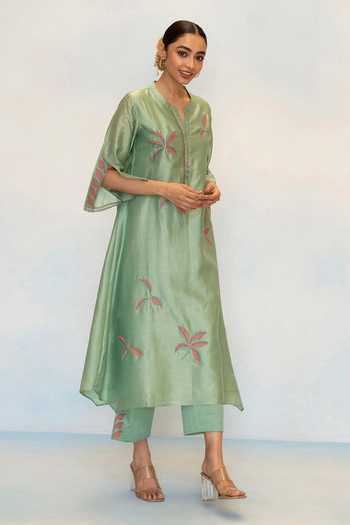 Buy AM by Anita Mittal Green Silk, Chanderi Mandarin Collar Saba Embroidered Kurta And Pant Set Online at Aza Fashions Buy_AM by Anita Mittal_Green Silk, Chanderi Mandarin Collar Saba Embroidered Kurta And Pant Set _Online_at_Aza_Fashions