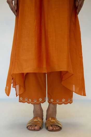 AM by Anita Mittal Orange Chanderi Notched Neck Noorani Embroidered Kurta And Pant Set Online at Aza Fashions AM by Anita Mittal_Orange Chanderi Notched Neck Noorani Embroidered Kurta And Pant Set _Online_at_Aza_Fashions