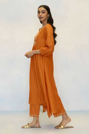 Buy AM by Anita Mittal Orange Chanderi Notched Neck Noorani Embroidered Kurta And Pant Set Online at Aza Fashions Buy_AM by Anita Mittal_Orange Chanderi Notched Neck Noorani Embroidered Kurta And Pant Set _Online_at_Aza_Fashions