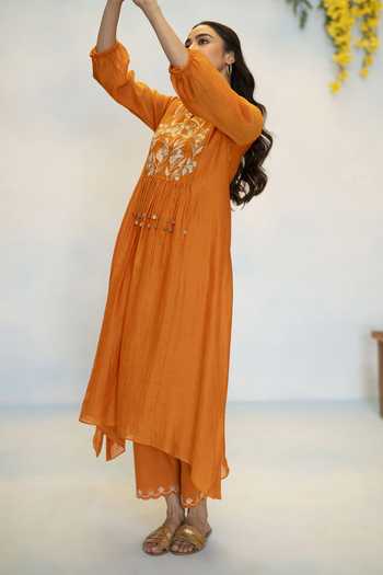 Buy AM by Anita Mittal Orange Chanderi Notched Neck Noorani Embroidered Kurta And Pant Set Buy_AM by Anita Mittal_Orange Chanderi Notched Neck Noorani Embroidered Kurta And Pant Set