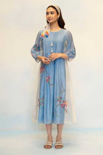 Buy_AM by Anita Mittal_Blue Chanderi Round Neck Meher Embroidered Kurta And Pant Set _Online_at_Aza_Fashions