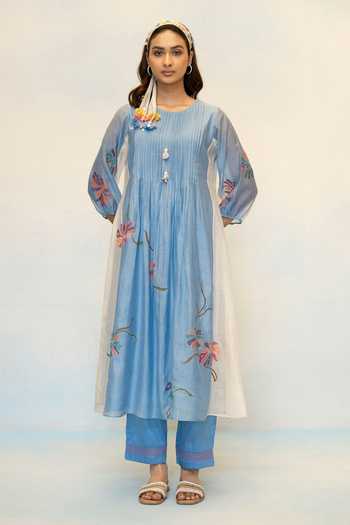 Shop_AM by Anita Mittal_Blue Chanderi Round Neck Meher Embroidered Kurta And Pant Set _Online_at_Aza_Fashions