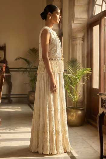 Aditi Somani_Off White Chanderi Round Neck Dress And Jacket Set _Online_at_Aza_Fashions