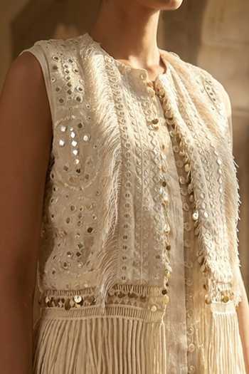 Buy_Aditi Somani_Off White Chanderi Round Neck Dress And Jacket Set _Online_at_Aza_Fashions