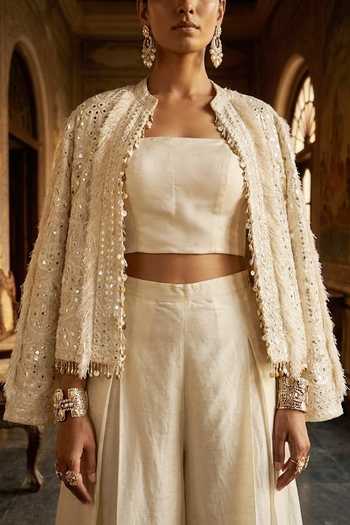 Buy Aditi Somani Off White Cotton, Satin Mandarin Collar Mirror Work Jacket Online at Aza Fashions Buy_Aditi Somani_Off White Cotton, Satin Mandarin Collar Mirror Work Jacket _Online_at_Aza_Fashions