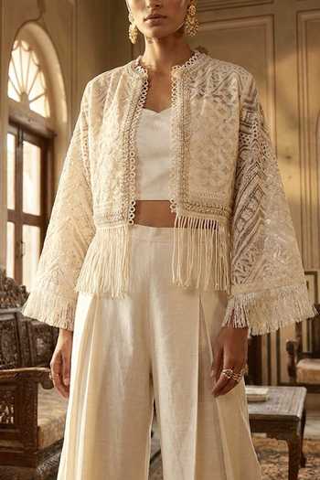Buy Aditi Somani Off White Satin, Linen Round Neck Lucknowi Work Jacket Set Online at Aza Fashions Buy_Aditi Somani_Off White Satin, Linen Round Neck Lucknowi Work Jacket Set _Online_at_Aza_Fashions