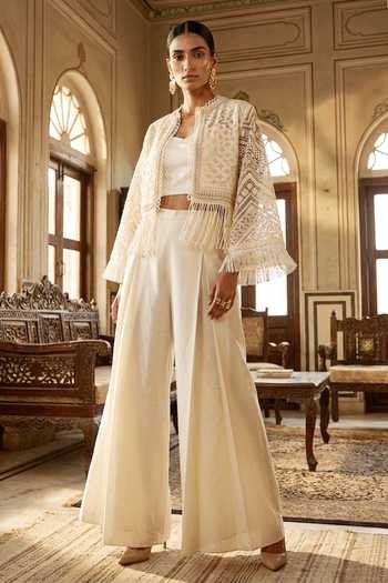 Aditi Somani Lucknowi Work Satin Linen Jacket Set