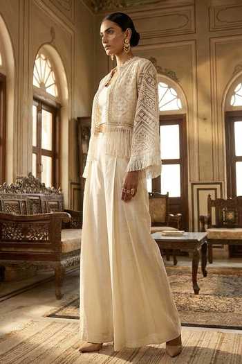 Shop Aditi Somani Off White Satin, Linen Round Neck Lucknowi Work Jacket Set Online at Aza Fashions Shop_Aditi Somani_Off White Satin, Linen Round Neck Lucknowi Work Jacket Set _Online_at_Aza_Fashions