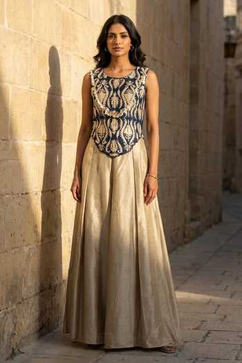 Aditi Somani Denim Embroidered Top Pant Set